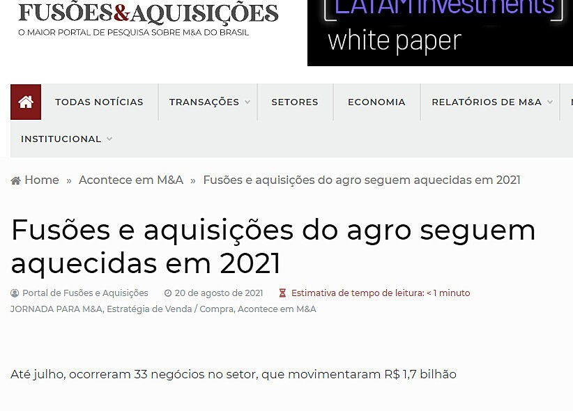 Fuses e aquisies do agro seguem aquecidas em 2021